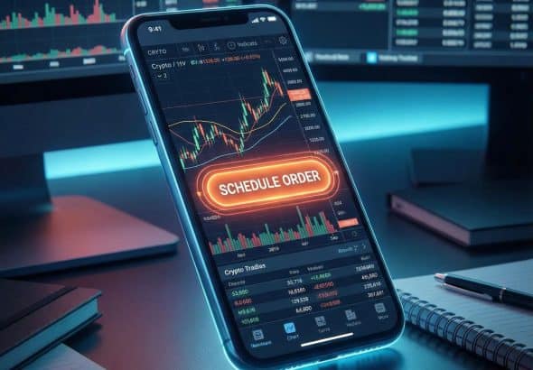 빛나는 스마트폰 화면에 복잡한 암호화폐 거래 차트가 표시되어 있으며, 전략적 도구를 상징하는 '예약 주문' 버튼이 두드러지게 강조된 모습이다.