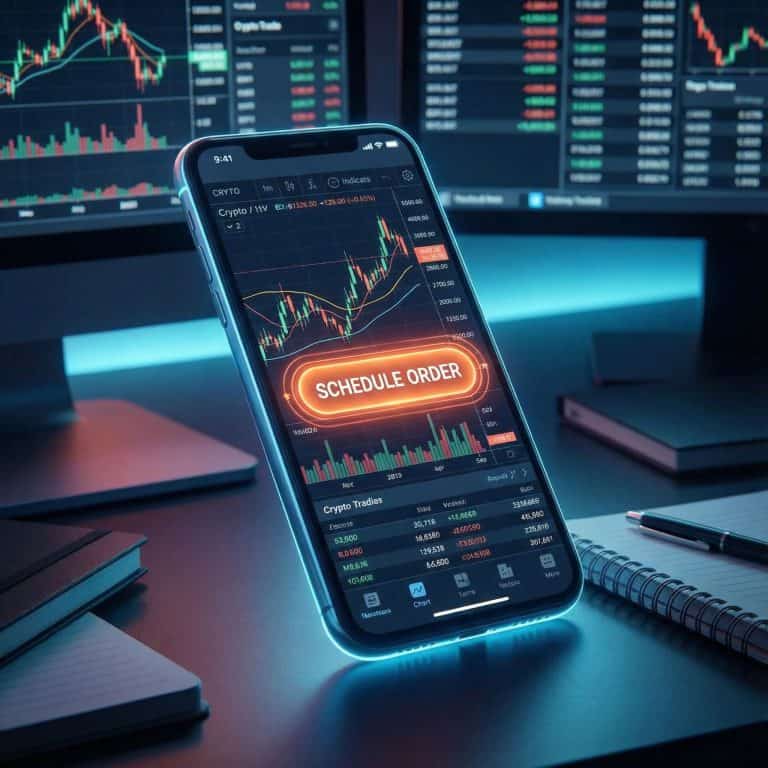 빛나는 스마트폰 화면에 복잡한 암호화폐 거래 차트가 표시되어 있으며, 전략적 도구를 상징하는 '예약 주문' 버튼이 두드러지게 강조된 모습이다.