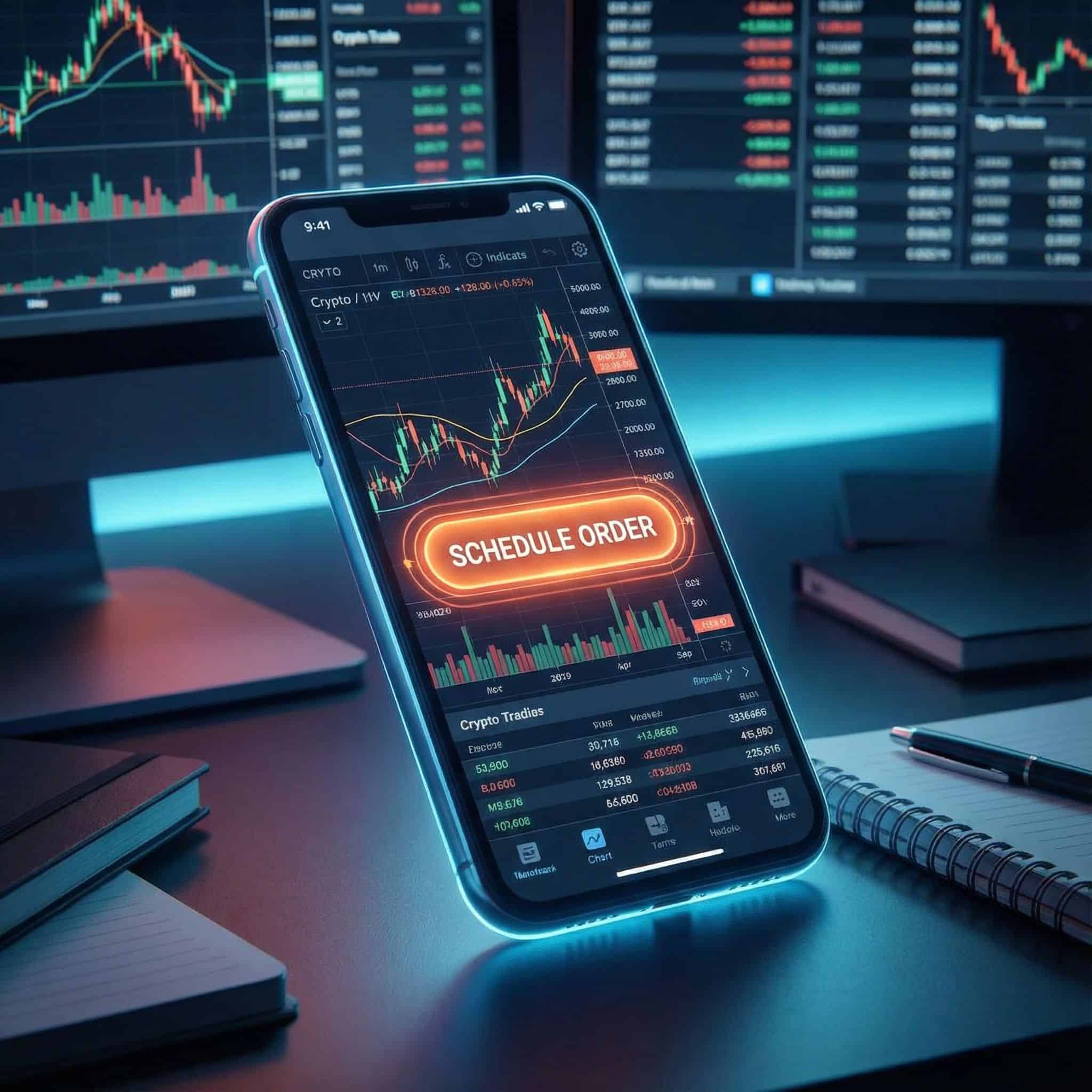빛나는 스마트폰 화면에 복잡한 암호화폐 거래 차트가 표시되어 있으며, 전략적 도구를 상징하는 '예약 주문' 버튼이 두드러지게 강조된 모습이다.