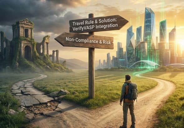 두 갈래 길이 있는 갈림길에서, 한쪽은 번영하는 디지털 거래소로 이어지고 다른 쪽은 무너진 폐허로 향하는 모습이다.