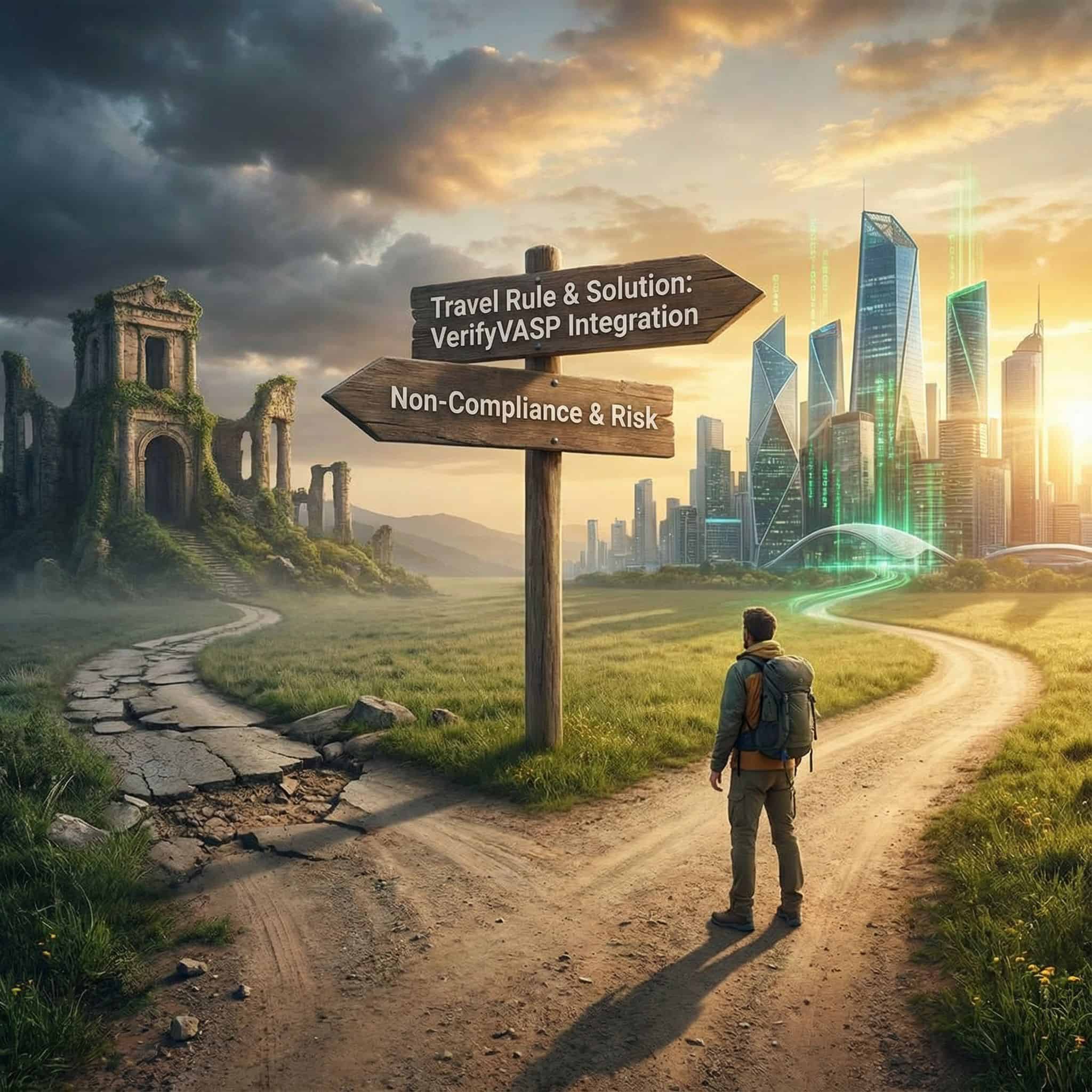 두 갈래 길이 있는 갈림길에서, 한쪽은 번영하는 디지털 거래소로 이어지고 다른 쪽은 무너진 폐허로 향하는 모습이다.