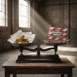 저울 한쪽에는 세계 주식과 금괴가, 다른 쪽에는 금이 간 경고 장벽이 올려져 있어 혁신적 접근과 숨겨진 위험을 상징하는 모습이다.