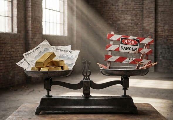 저울 한쪽에는 세계 주식과 금괴가, 다른 쪽에는 금이 간 경고 장벽이 올려져 있어 혁신적 접근과 숨겨진 위험을 상징하는 모습이다.