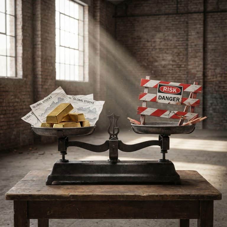 저울 한쪽에는 세계 주식과 금괴가, 다른 쪽에는 금이 간 경고 장벽이 올려져 있어 혁신적 접근과 숨겨진 위험을 상징하는 모습이다.