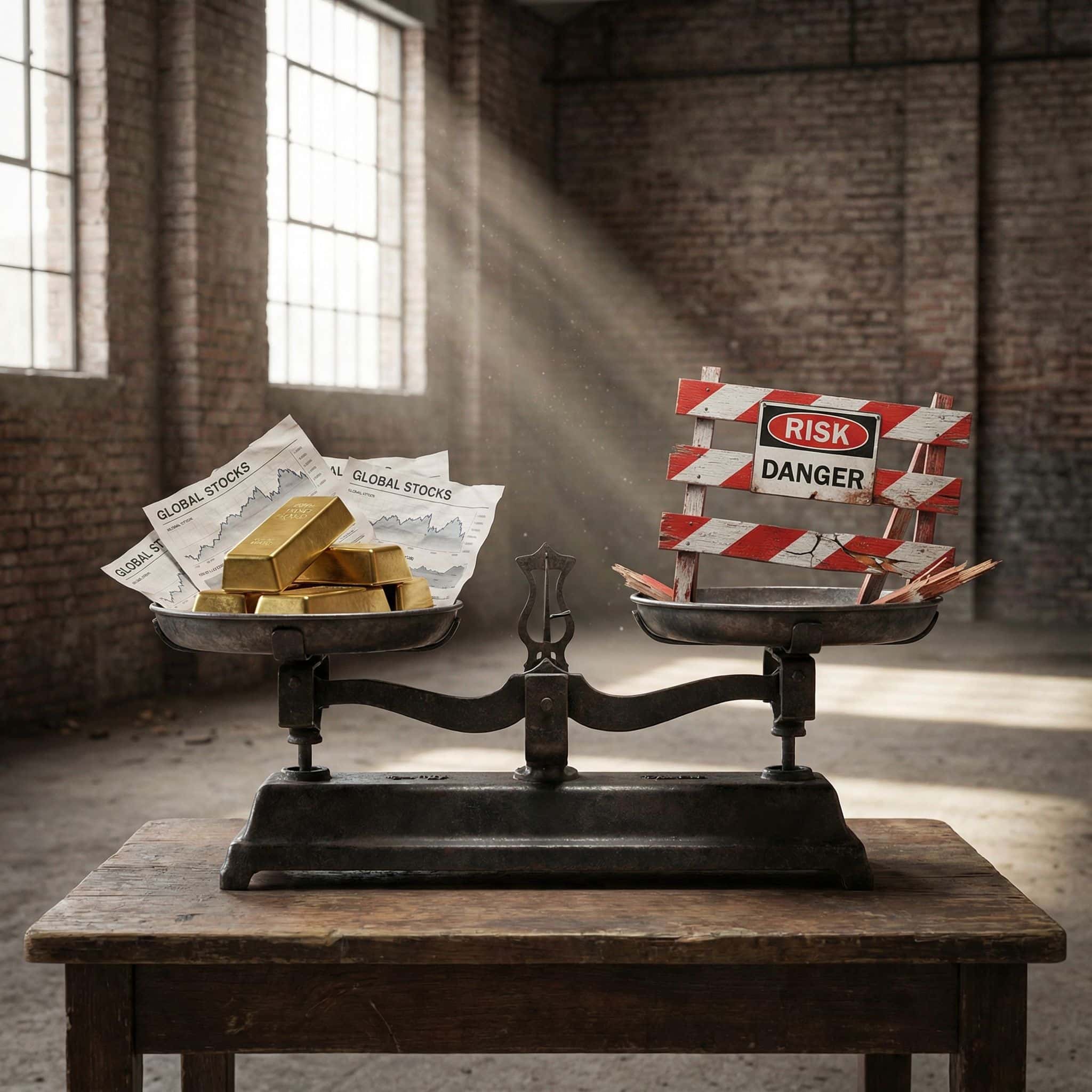 저울 한쪽에는 세계 주식과 금괴가, 다른 쪽에는 금이 간 경고 장벽이 올려져 있어 혁신적 접근과 숨겨진 위험을 상징하는 모습이다.