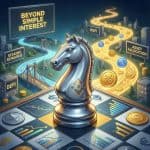 금융 보드 위에서 바이낸스를 상징하는 체스 말이 움직이며, 강처럼 흐르는 스테이킹 보상이 단순 이자를 넘는 자산 배분을 보여줍니다.