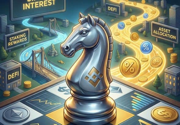 금융 보드 위에서 바이낸스를 상징하는 체스 말이 움직이며, 강처럼 흐르는 스테이킹 보상이 단순 이자를 넘는 자산 배분을 보여줍니다.