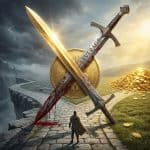 양날이 금빛과 붉은색으로 빛나는 양날검으로 동전을 관통하며, 한쪽 길은 부를 다른 쪽 길은 파멸을 나타내는 모습이다.