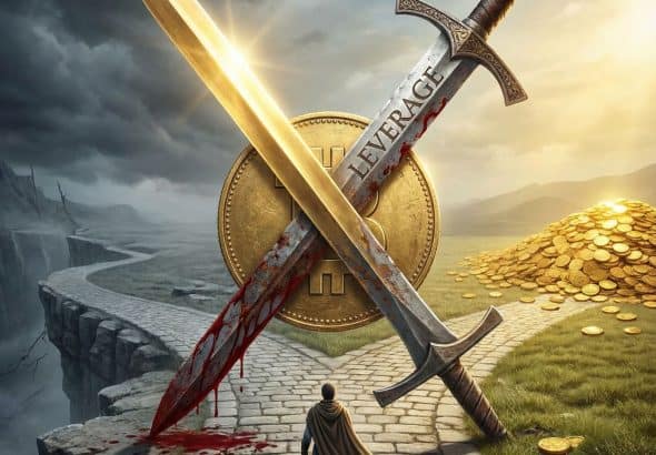 양날이 금빛과 붉은색으로 빛나는 양날검으로 동전을 관통하며, 한쪽 길은 부를 다른 쪽 길은 파멸을 나타내는 모습이다.